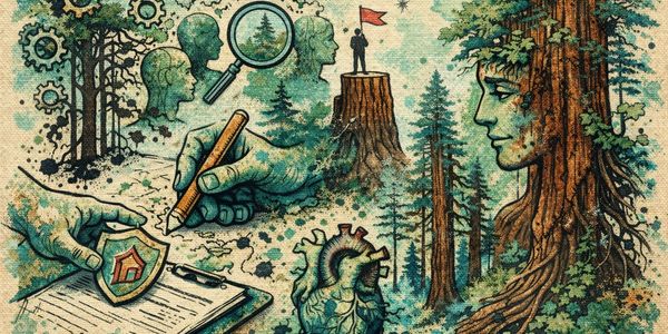 Surreal nature-themed artwork blending trees, human faces, and a heart with gears and magnifying glass.