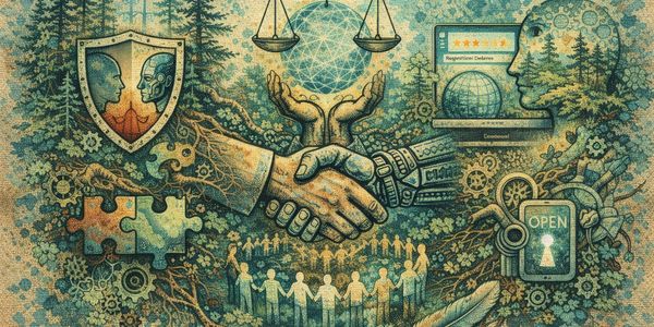 Handshake between human and robot symbolizing collaboration, surrounded by nature and technology.