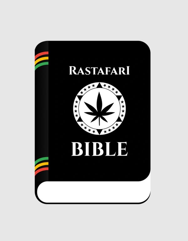 Black book titled 'Rastafari Bible' with a cannabis leaf symbol.