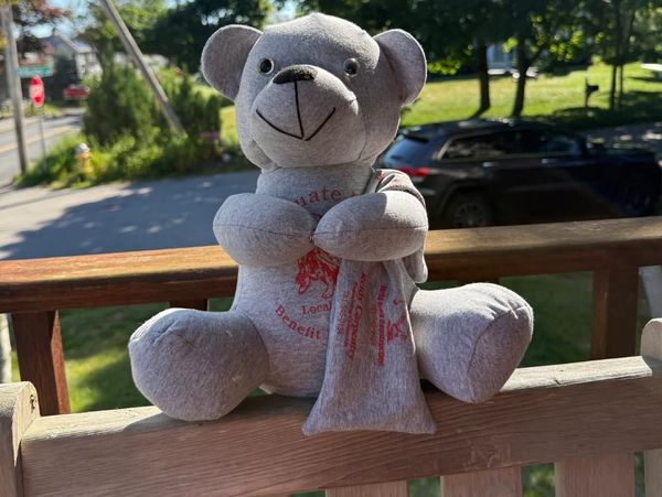Gray teddy bear sitting on a wooden railing outside.