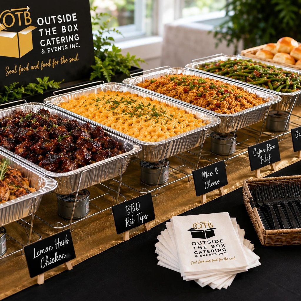 Catering spread with Southern-style dishes and branded napkins.