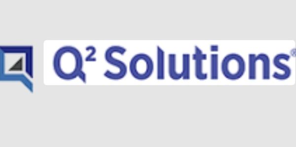 Logo for Q² Solutions with blue text and a geometric icon.