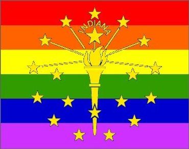Rainbow Pride flag with the overlapping U.S. state Indiana's torch surrounded by 19 stars in center