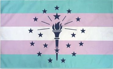 Trans Pride flag with the overlapping U.S. state Indiana's torch surrounded by 19 stars in center