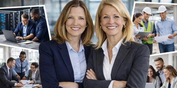 Two confident businesswomen in suits with diverse teams collaborating in the background.