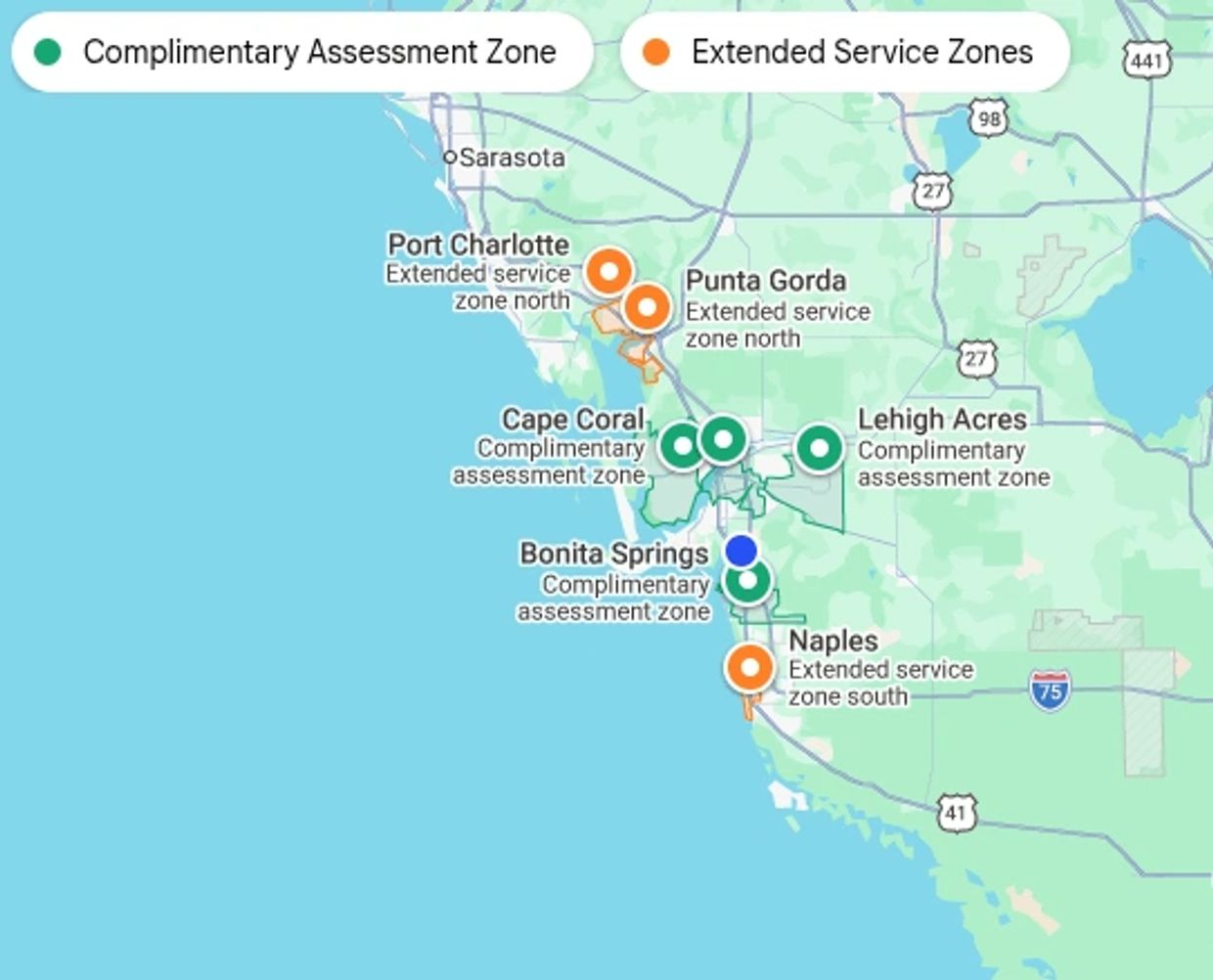 Map showing complimentary assessment and extended service zones in southwestern Florida.