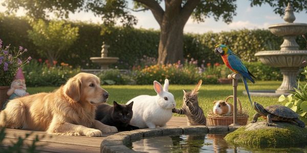 A dog, cat, rabbit, kitten, guinea pig, parrot, and turtle gather peacefully by a pond.