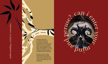 Title spread featuring an illustration and photo of whimsical trees in a maroon and gold palette