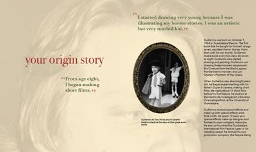 Spread 2, about Guillermo's origin story, features a photo and faded background photo of him