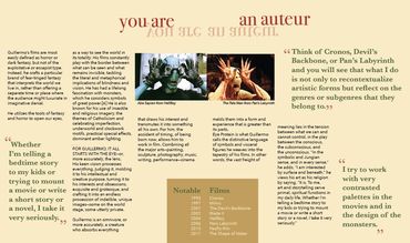 Spread 3, about Guillermo's views on filmmaking, features photos of characters from his films