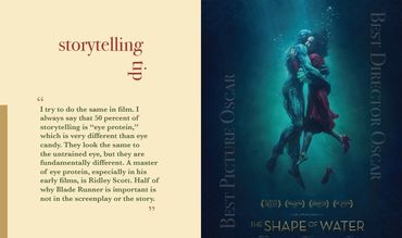 Spread 4 features a storytelling tip and a "Shape of Water" movie image