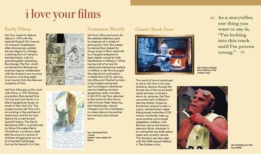 Spread 5 is about Guillermo's rise to fame and features sketches and images from his films