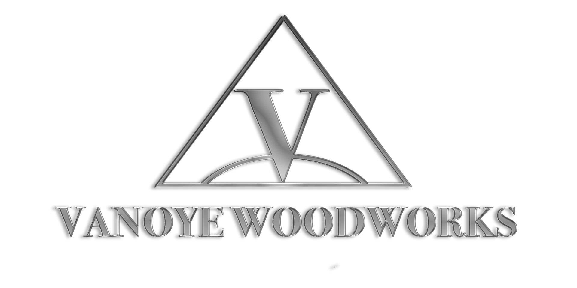 Sleek metallic logo of Vanoye Woodworks with a triangular design.