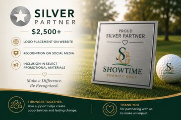 Silver Partner sponsorship benefits for Showtime Charity Golf with logo, social media, and promo inclusions.