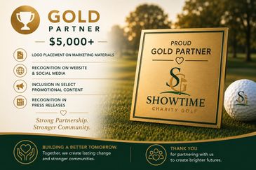 Gold partner plaque and golf ball promoting a $5,000+ charity partnership.