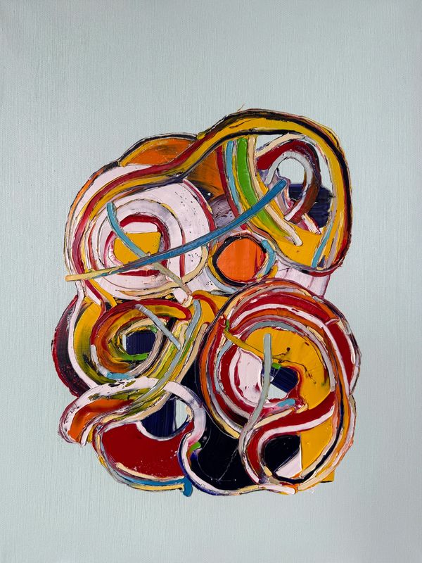 Colorful abstract painting with swirling shapes and bold lines on a light background.