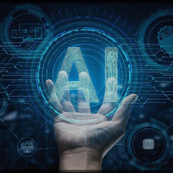 Hand holding a digital AI hologram with tech icons.