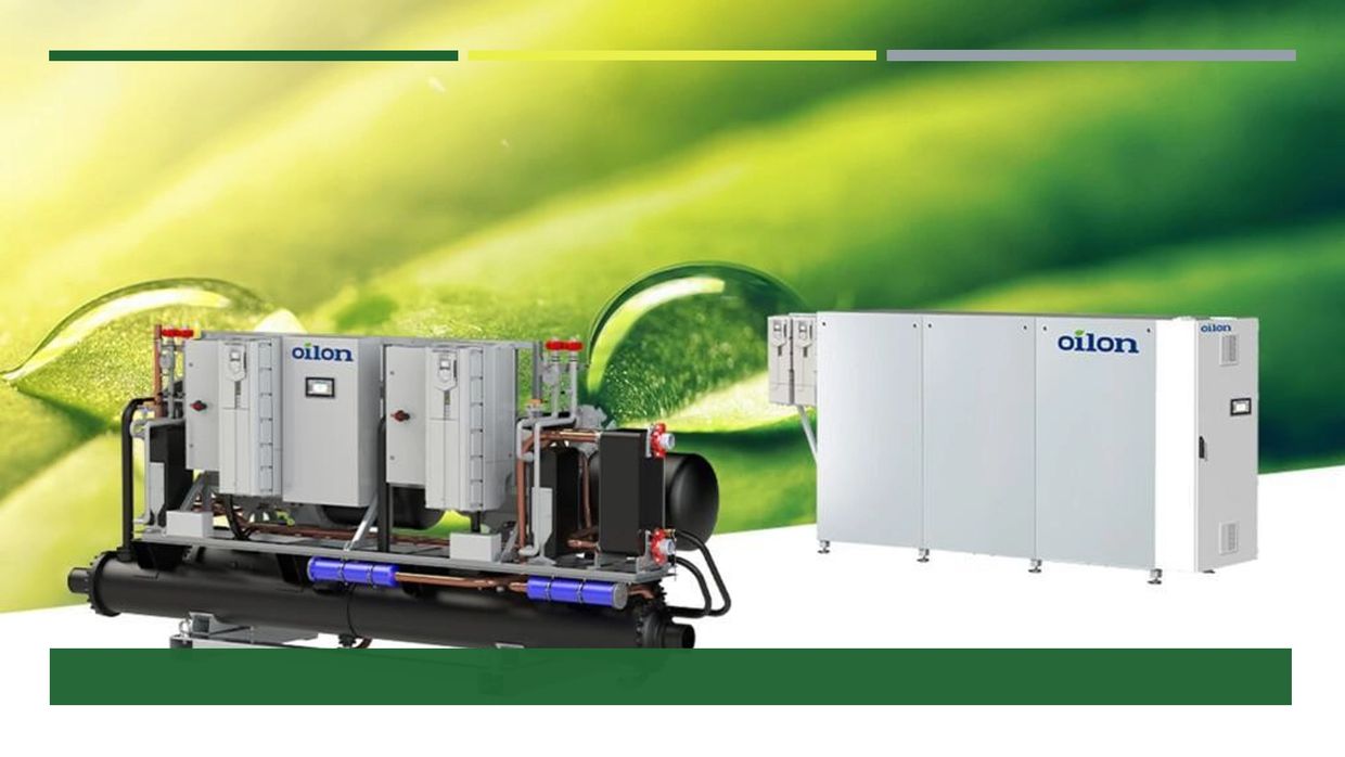 Industrial HVAC units by Oilon set against a green leaf background.