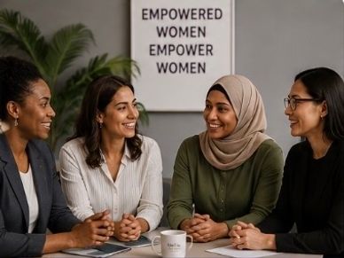 Four women engaging in a positive discussion in a meeting room.