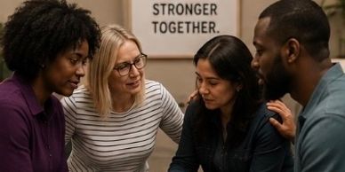 Group of four people in a supportive discussion.