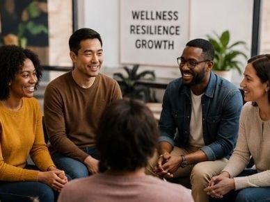 Group therapy session with positive energy and support.