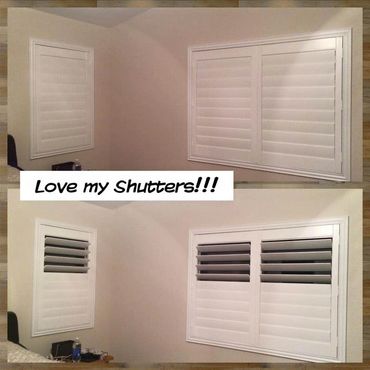 Closed and open views of white window shutters in a corner room.