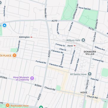 Brighton and Hove area map showing local roads and landmarks for airport transfer planning