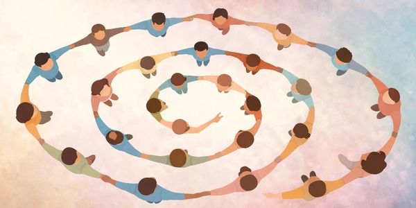 Illustration of people holding hands forming a spiral circle, symbolizing unity and connection.