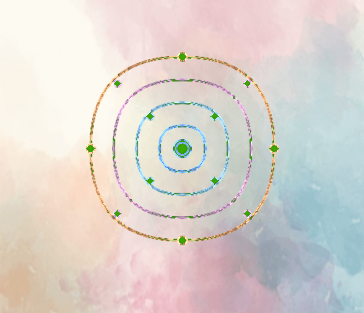 Colorful concentric rings with green nodes on a pastel watercolor background.
