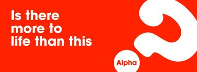 Red background with white text questioning life's meaning and the word Alpha.