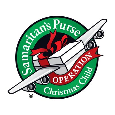 Logo of Samaritan's Purse Operation Christmas Child with gift-wrapped box and airplane.