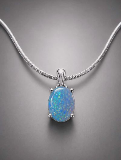 Elegant silver necklace with blue opal pendant.