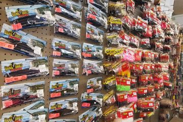 Wall of soft bait products.