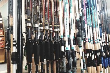 Display of fishing rods.