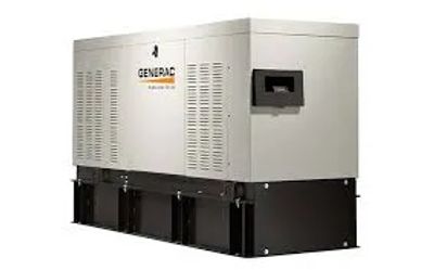 A large industrial Generac generator unit with a beige and black exterior.