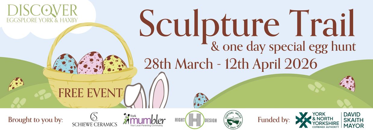 Easter Sculpture Trail poster for discover: Eggsplore. easter eggs and rabbit ears hiding behind hil