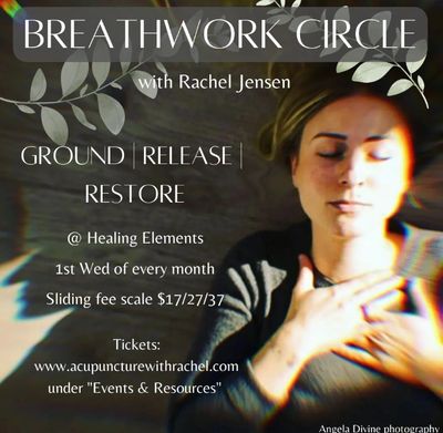 A female laying on the ground with her hands covering her throat with the words "Breathwork circle" 