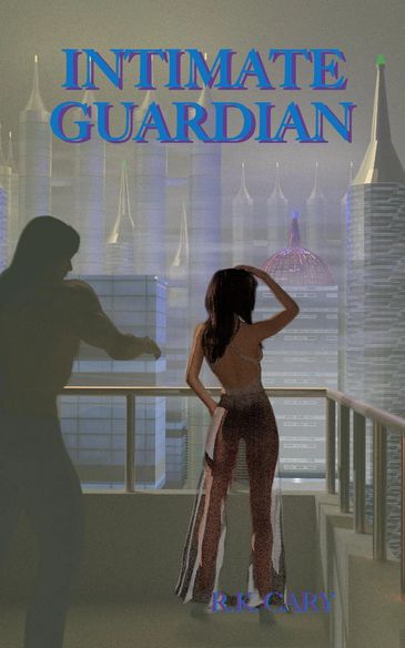 A woman stands on a balcony with a shadowy figure behind her in a futuristic cityscape.