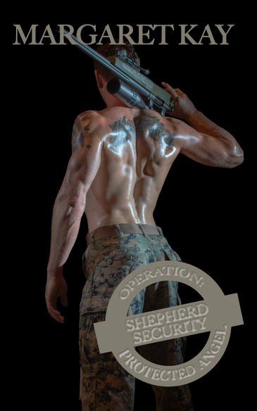 Muscular soldier holding a shotgun, back tattoo of wings, military pants, dark background.