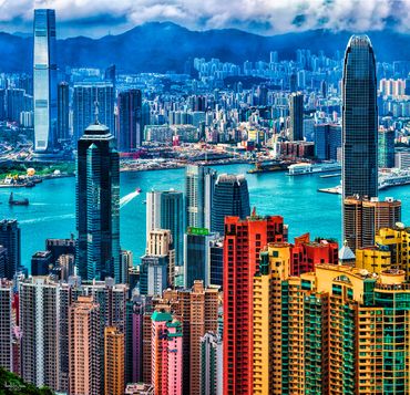 Kowloon, China and Victoria Harbor, viewed from Victoria Peak, Hong Kong, China.