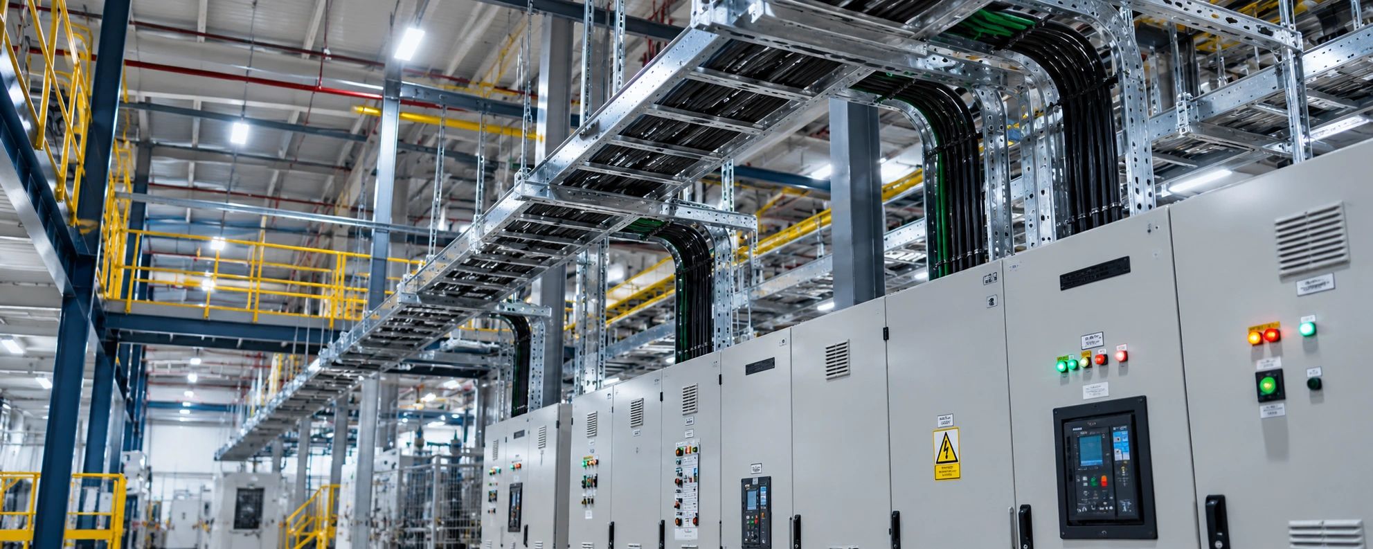 Instalación eléctrica industrial conceptual con bandejas portacables y tableros eléctricos.