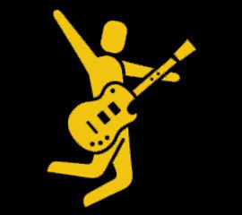 Gold silhouette of Guitar Player with one arm raised in the air on black background.