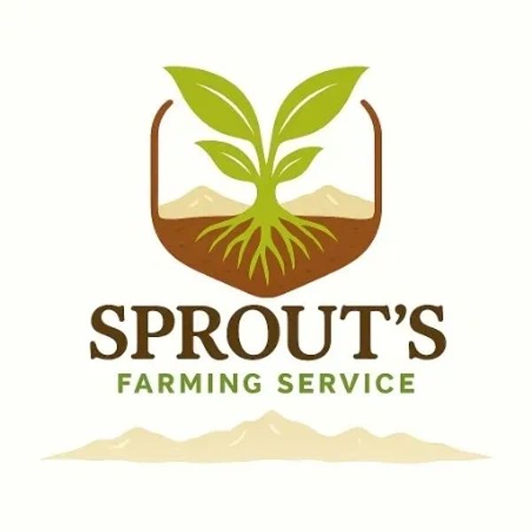 Logo of Sprout's Farming Service featuring a green sprout with roots in brown soil.