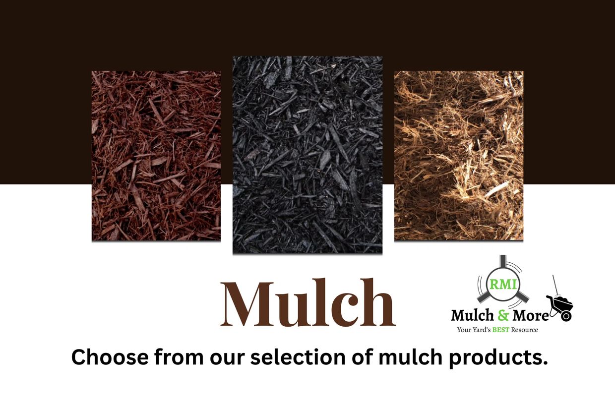 Various types of mulch displayed with a promotional message.
