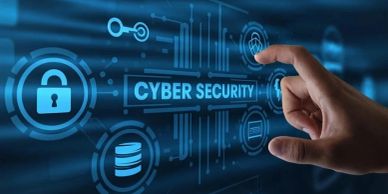 Hand interacting with digital cybersecurity interface.