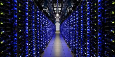 Rows of interconnected servers in a data center.