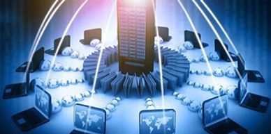 Networked laptops interconnected with a central server.