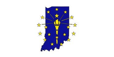 Indiana state outline with a torch and stars symbolizing the state flag.