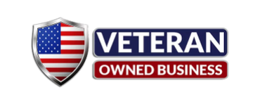Logo with American flag shield and 'Veteran Owned Business' text.