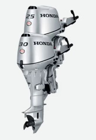 Two Honda outboard boat motors labeled 25 and 30.